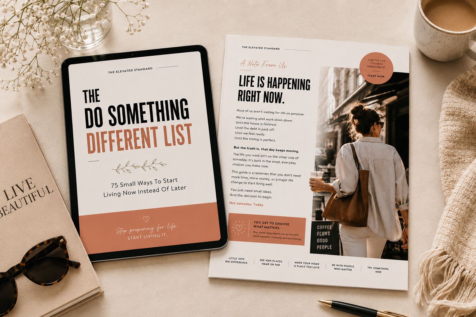 Mockup of The Do Something Different List lifestyle guide displayed on a tablet beside a magazine page, sunglasses, coffee, and flowers in a warm editorial flat lay.