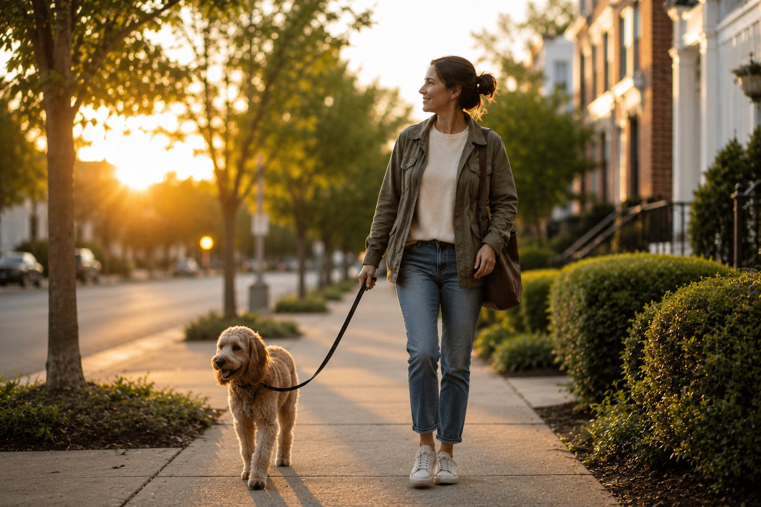 Woman walking her dog after work on a quiet neighborhood sidewalk at sunset, representing work-life balance, career freedom, and creating more time to enjoy everyday life.