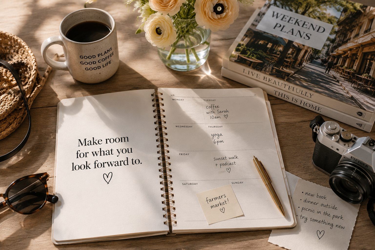 Editorial flat lay featuring an open planner, coffee, fresh flowers, books, and a camera, representing creating a calendar with meaningful moments to look forward to instead of only responsibilities.
