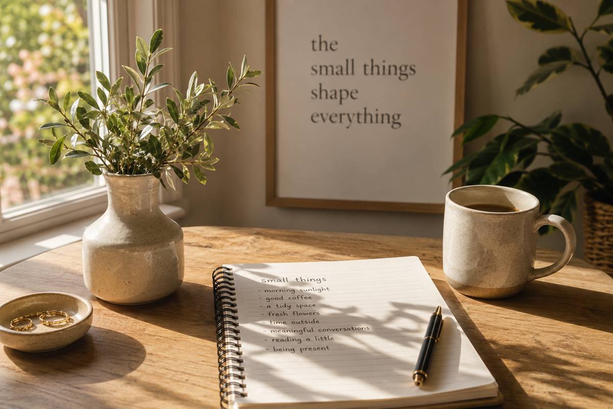 Sunlit table beside a window with a notebook, greenery, and simple everyday objects, representing how small daily habits and moments shape the quality of life.