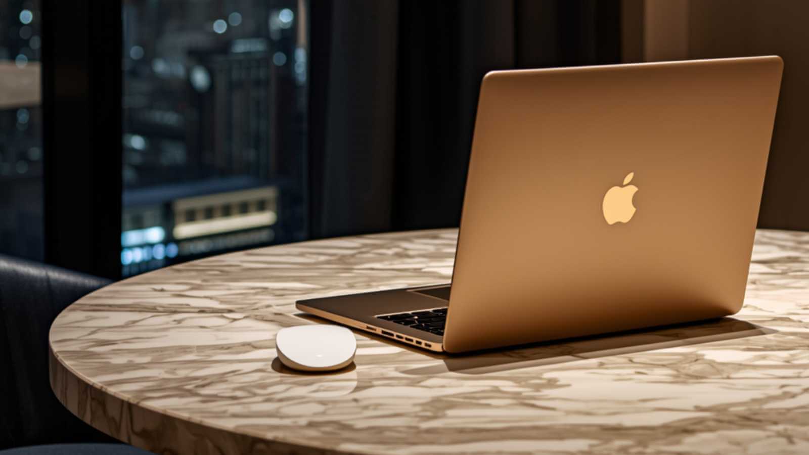 A top-down "desk flat-lay" with a laptop, high end room