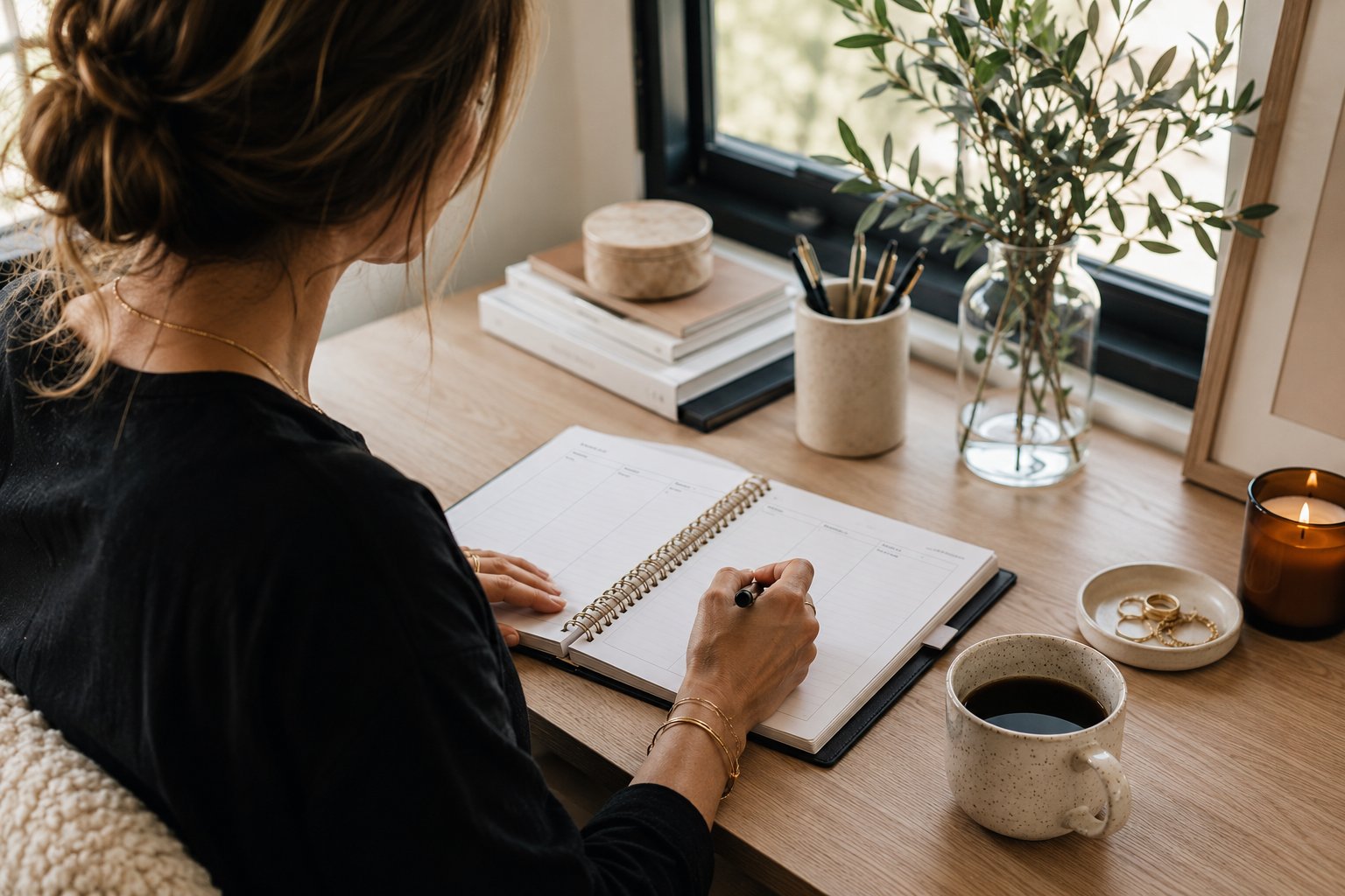 A woman writing in a simple weekly planner while enjoying coffee in a bright, modern home office.