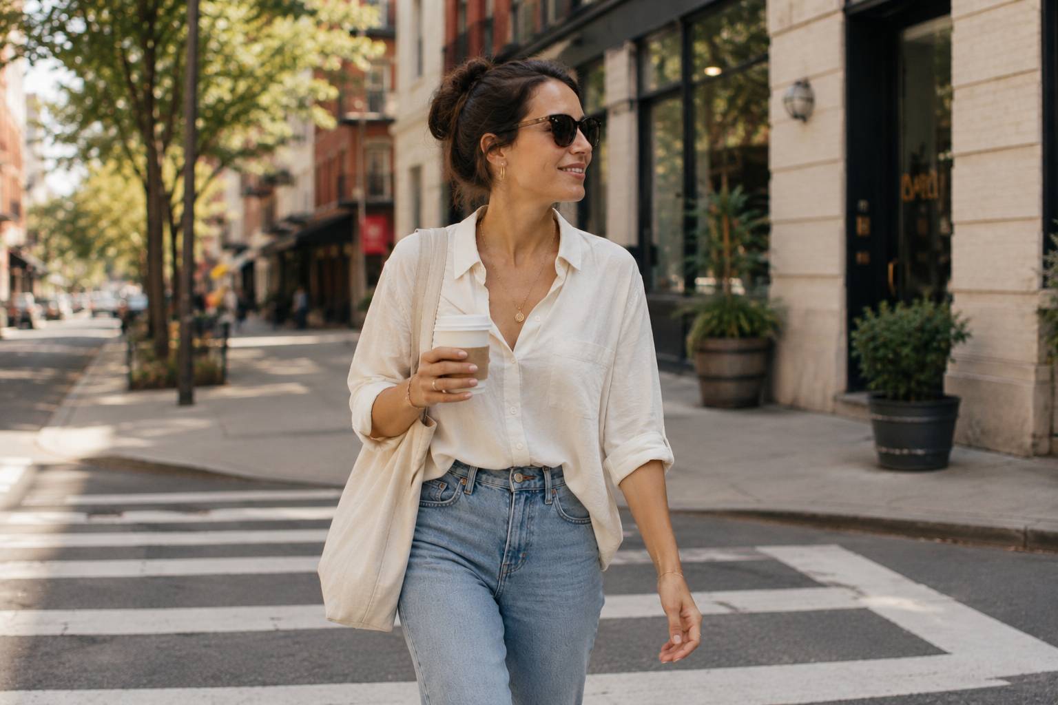 Woman walking through a city street in sunglasses and jeans, illustrating how to overcome the all-or-nothing mindset and make consistent progress in everyday life