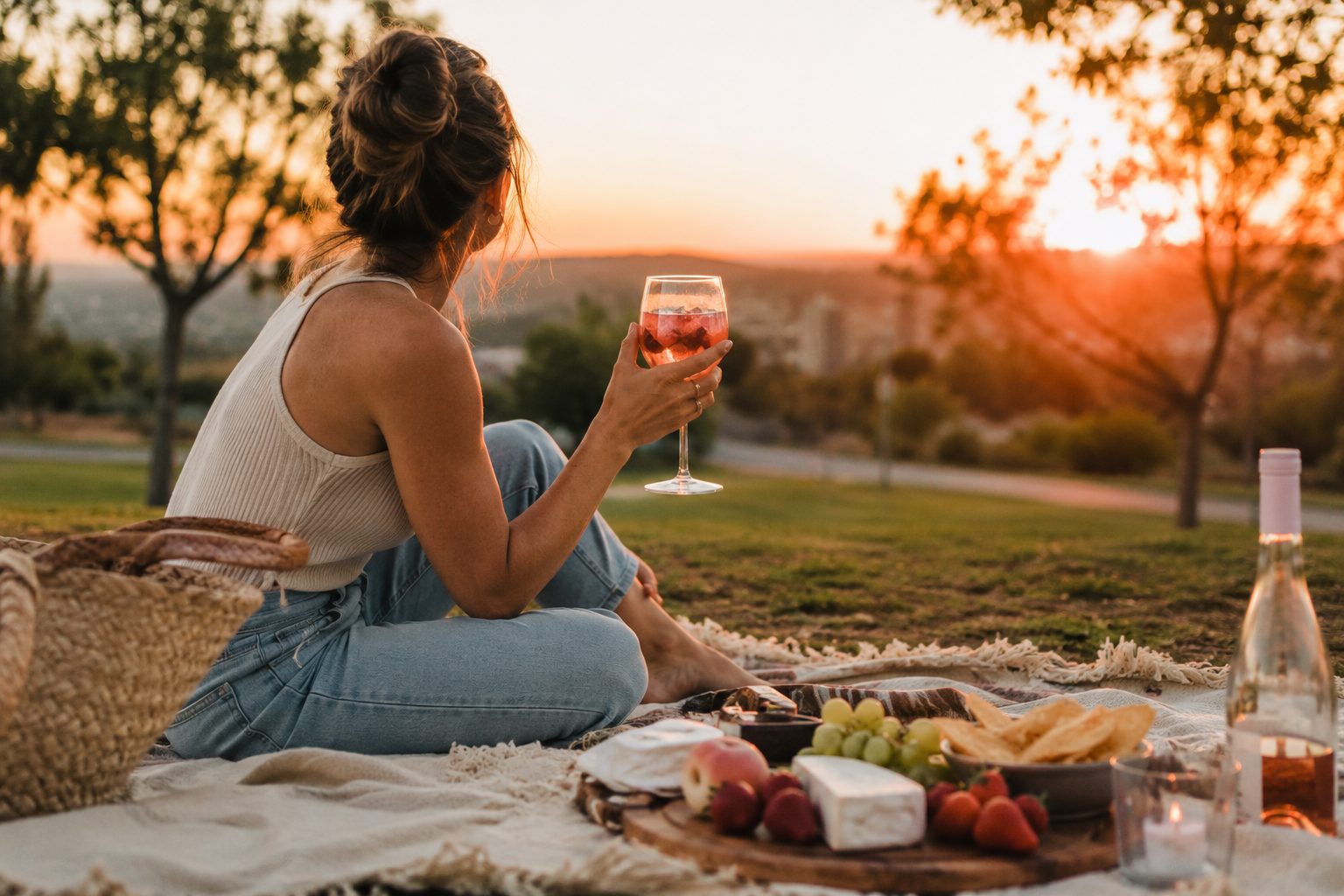 Woman enjoying a sunset picnic with fresh fruit and snacks after work, illustrating simple summer evening activities and intentional living