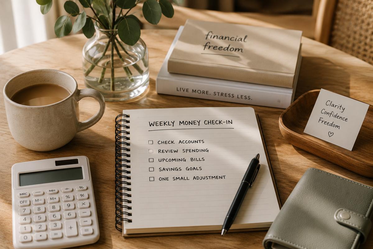 Weekly money check-in setup featuring a notebook, calculator, coffee, and budgeting tools on a bright wooden table, illustrating a simple habit for reducing financial stress and creating more freedom.