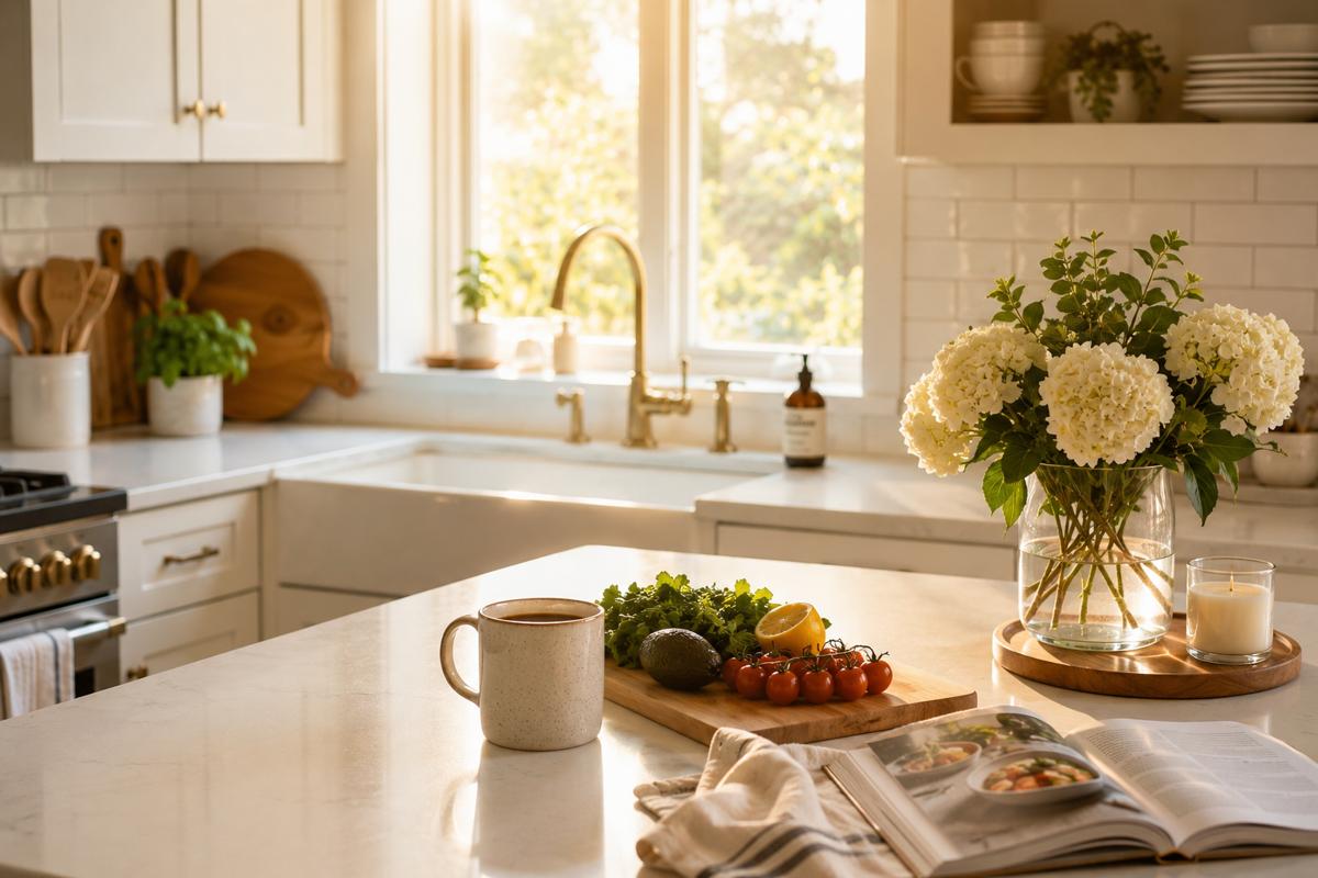 Sunlit clean kitchen featuring fresh flowers, a coffee mug, and meal preparation ingredients, illustrating how a tidy kitchen supports healthy eating, lower stress, and better daily routines
