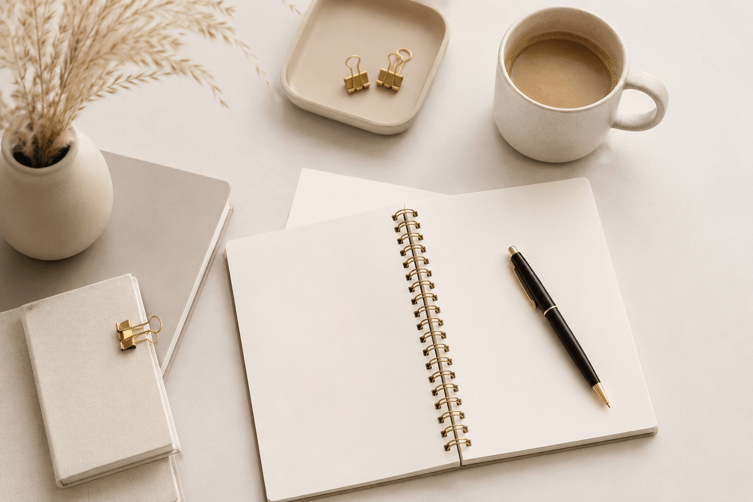 Minimal luxury workspace flat lay featuring neutral notebooks, gold office accessories, coffee, and a planner representing coaching business systems and client workflows