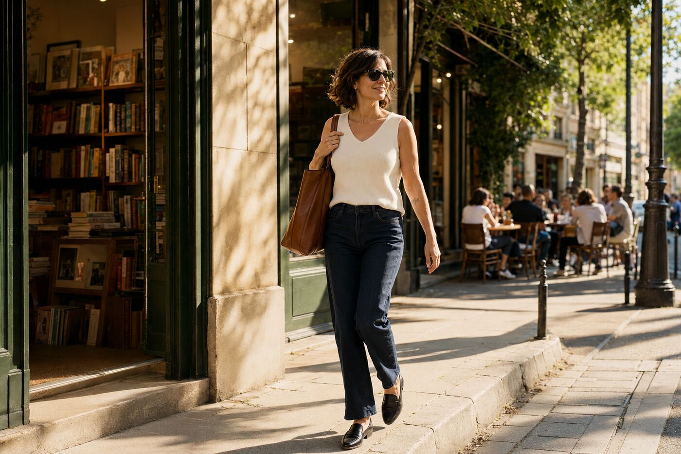 Woman leaving work and walking past a neighborhood bookstore and café, representing a meaningful life outside her job.