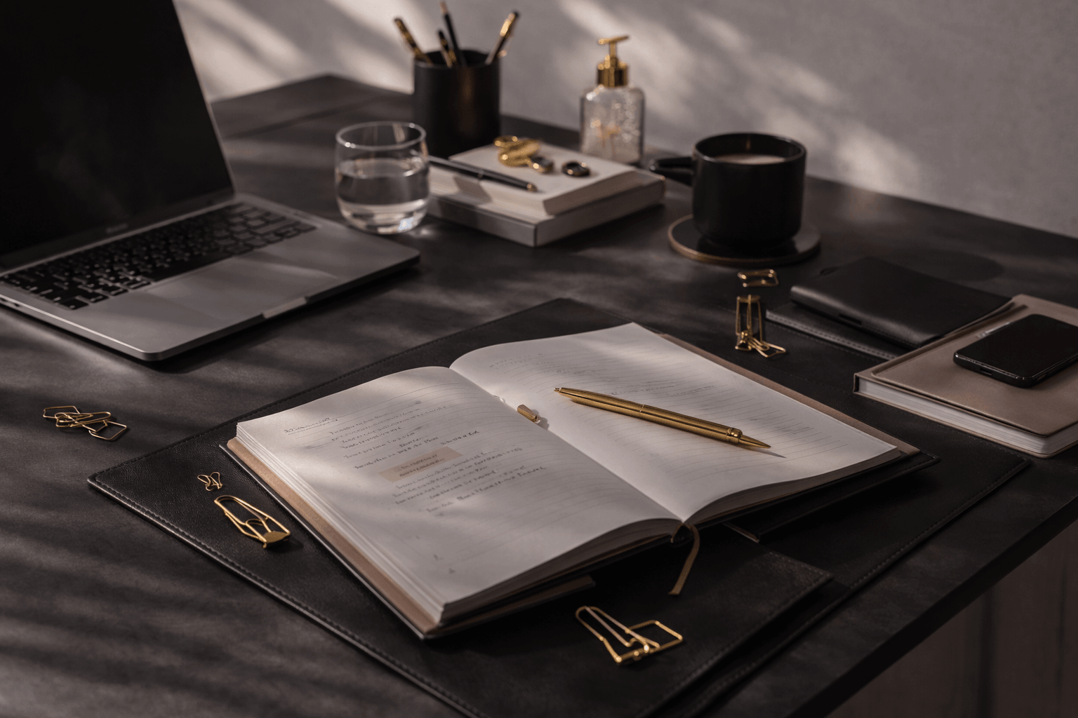 Luxury minimalist workspace designed for women coaches building consistent $5K months through focus, structure, and elevated business standards