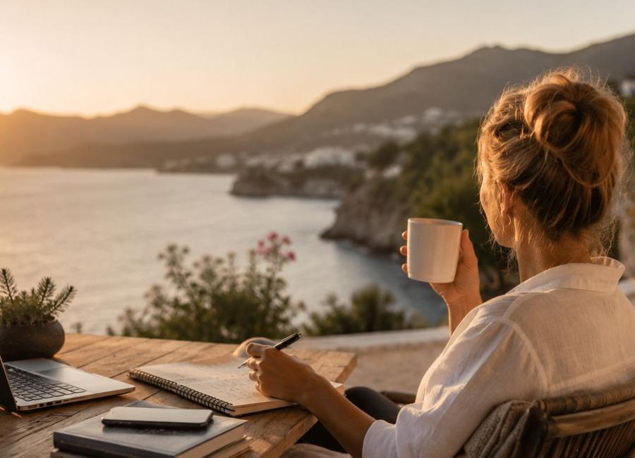 Woman enjoying a peaceful outdoor workspace overlooking the water, representing financial freedom, flexibility, lifestyle design, and creating more choices for the future.