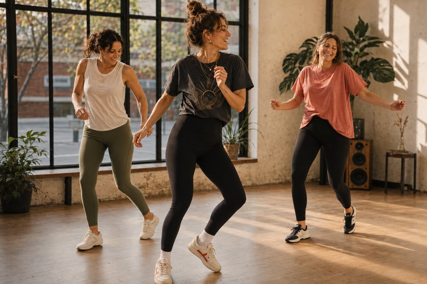 Three stylish women in their 40s laughing and dancing together during a beginner fitness class in a bright urban studio.