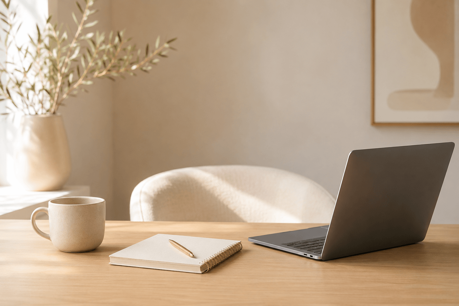 Minimal coaching business workspace with laptop, notebook, and clean desk representing operational systems, CEO planning, and business consistency for coaches.