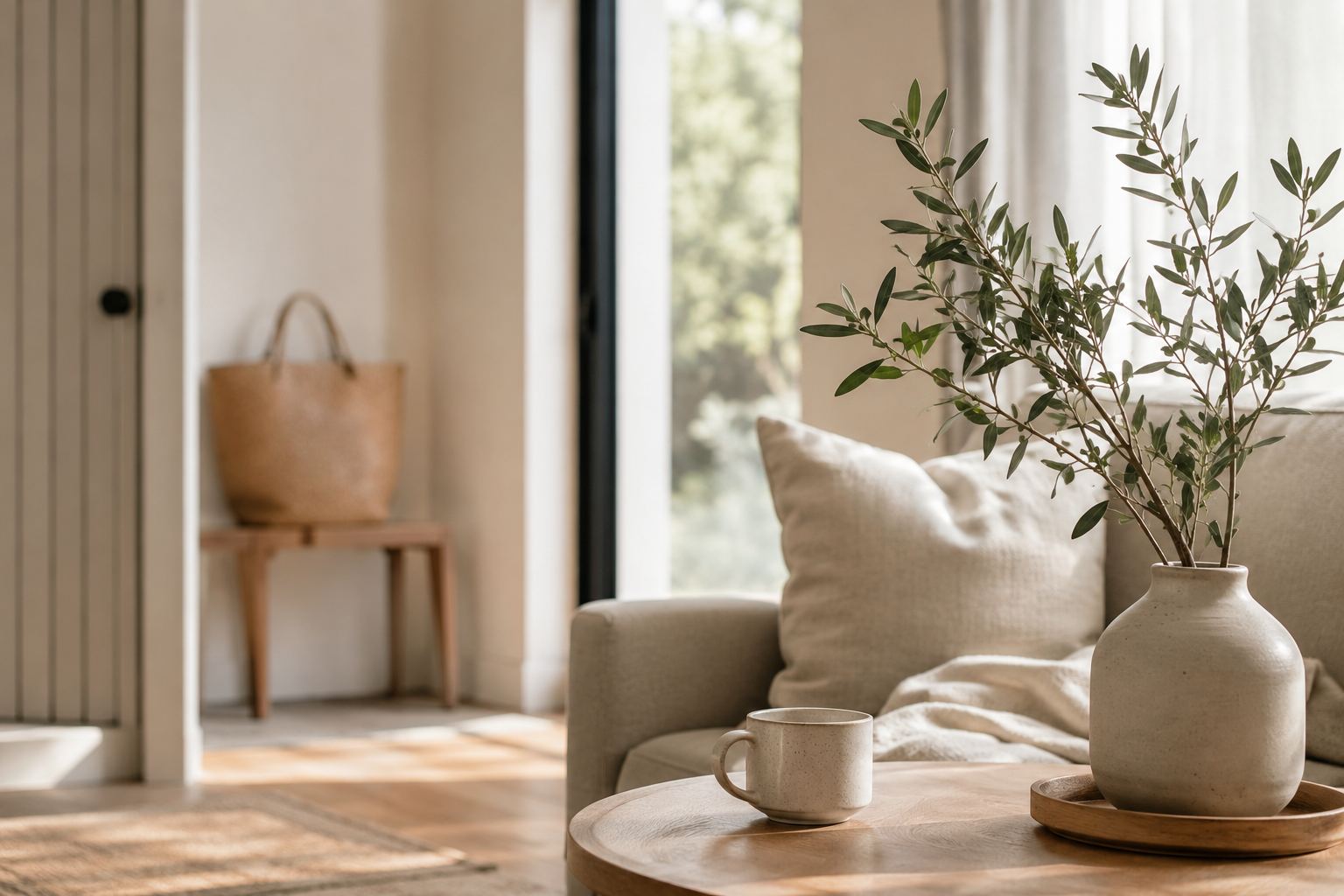 Bright, cozy living room with natural light, neutral decor, a ceramic vase with greenery, and a comfortable seating area illustrating a calm, low-stress home environment.