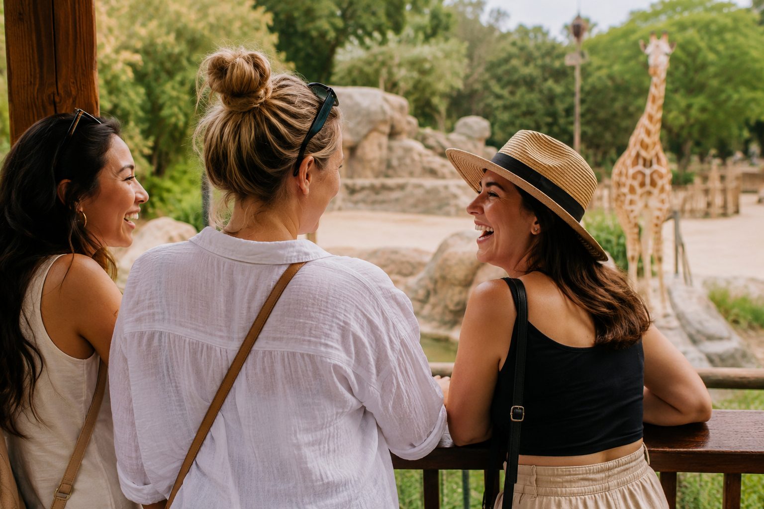 Three women laughing together while visiting a zoo on a sunny afternoon, enjoying a carefree weekday outing and watching giraffes in a natural outdoor habitat.