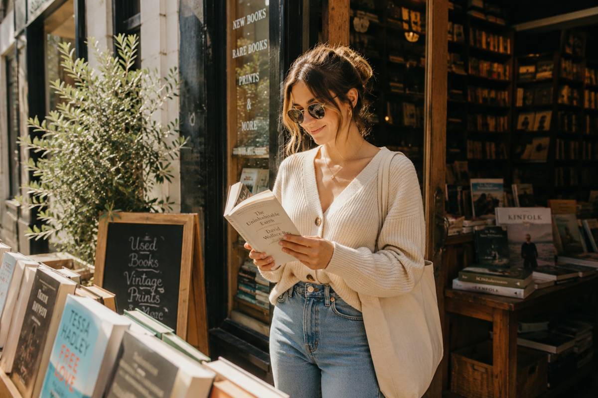 Woman browsing books outside an independent bookstore on a sunny afternoon, enjoying a quiet moment and reconnecting with life beyond productivity and constant self-improvement