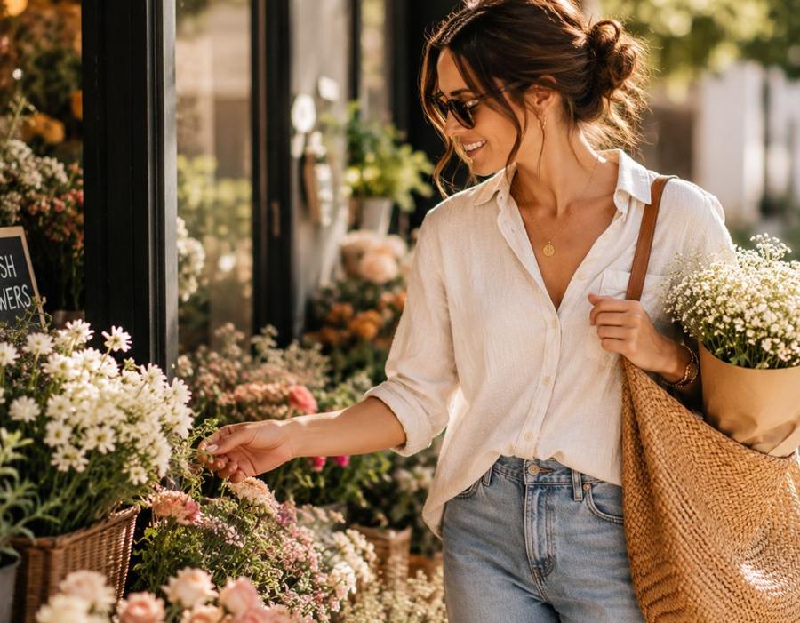 Woman exploring a flower market on a sunny afternoon, representing personal growth, curiosity, trying new experiences, and continuing to evolve through everyday life.