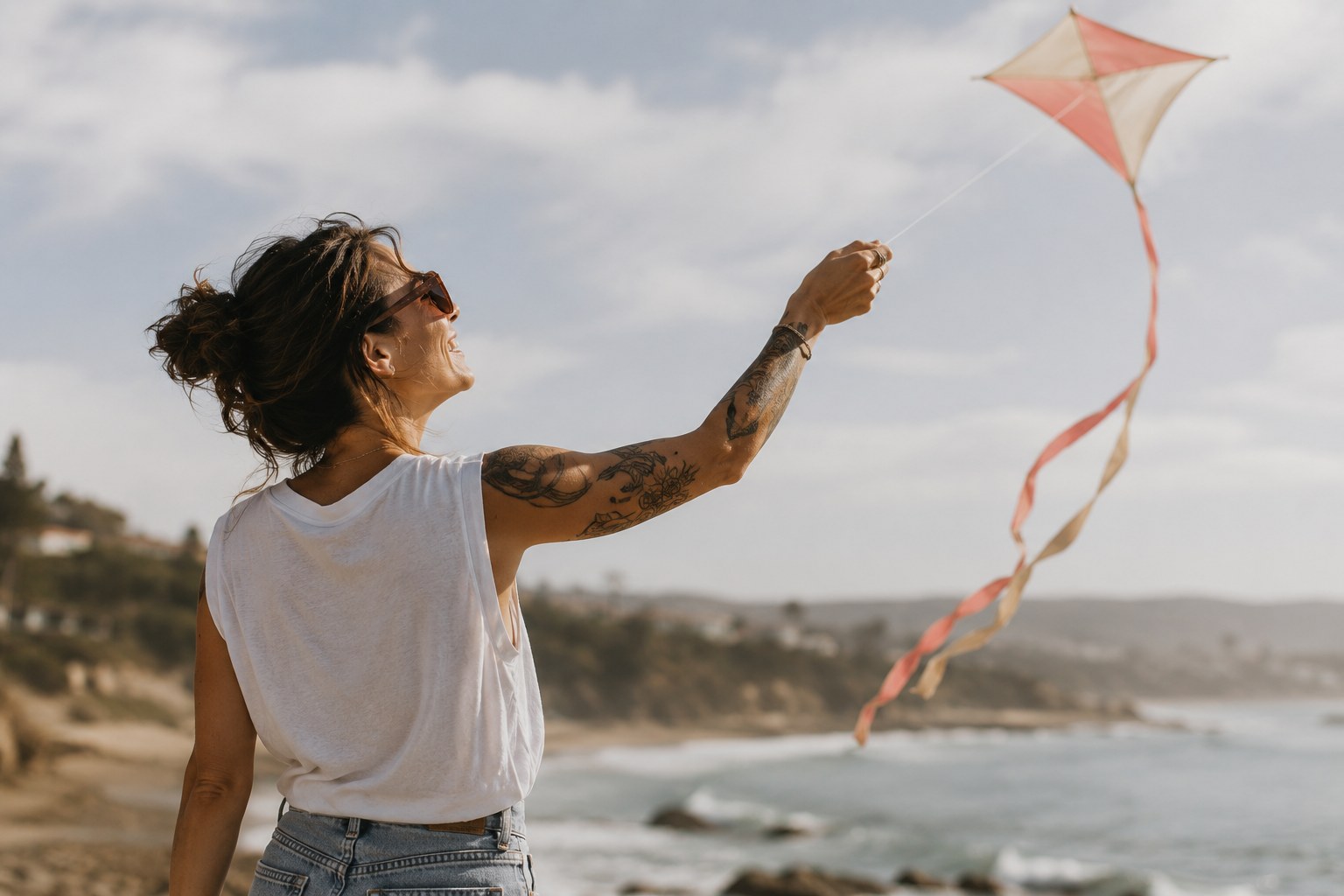 Woman with floral arm tattoos flying a kite along the coast on a breezy afternoon, symbolizing creating joyful memories, embracing everyday adventures, and living life with intention