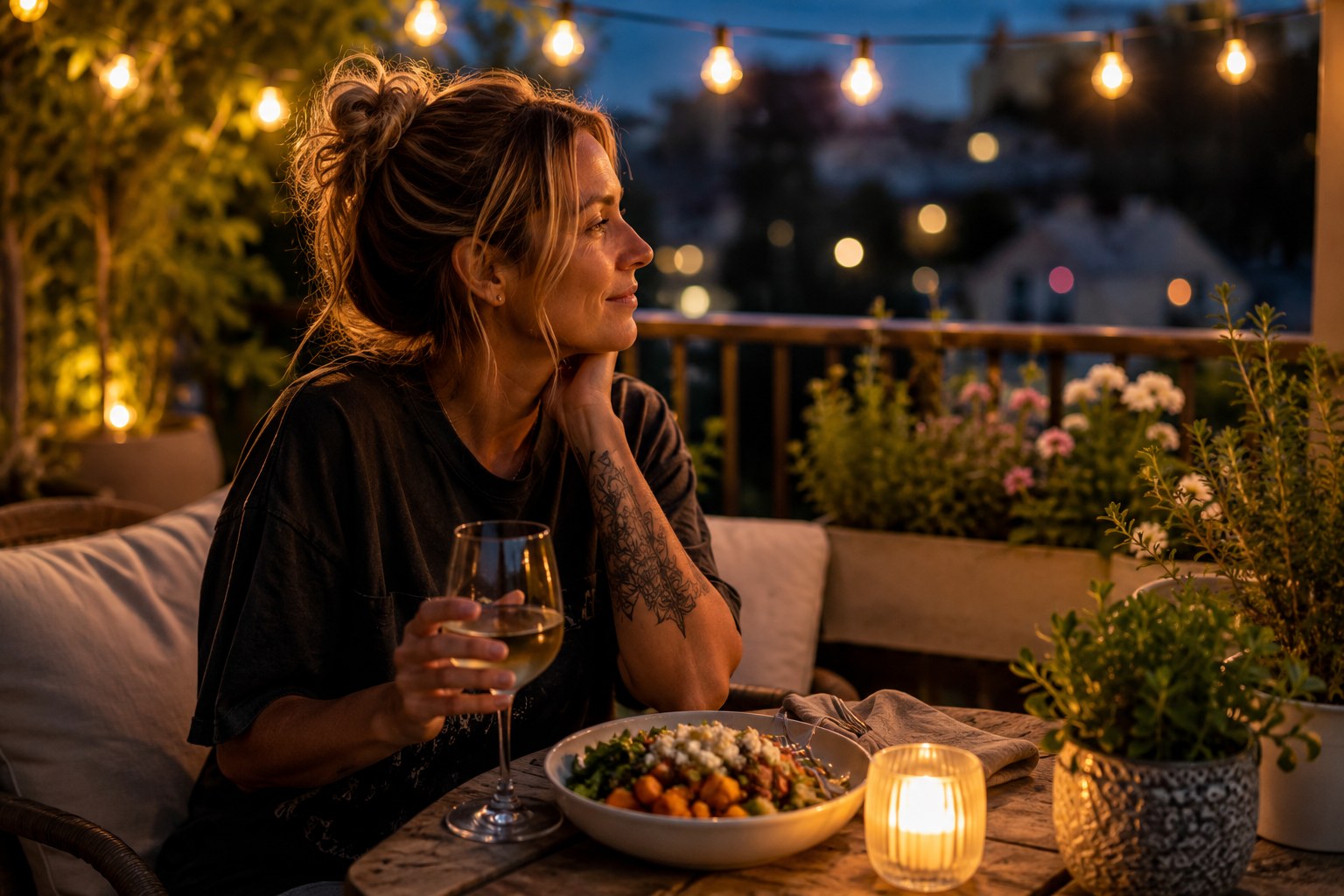Woman enjoying a peaceful weeknight dinner outside, representing how to make weekdays feel more enjoyable instead of saving life for the weekend.