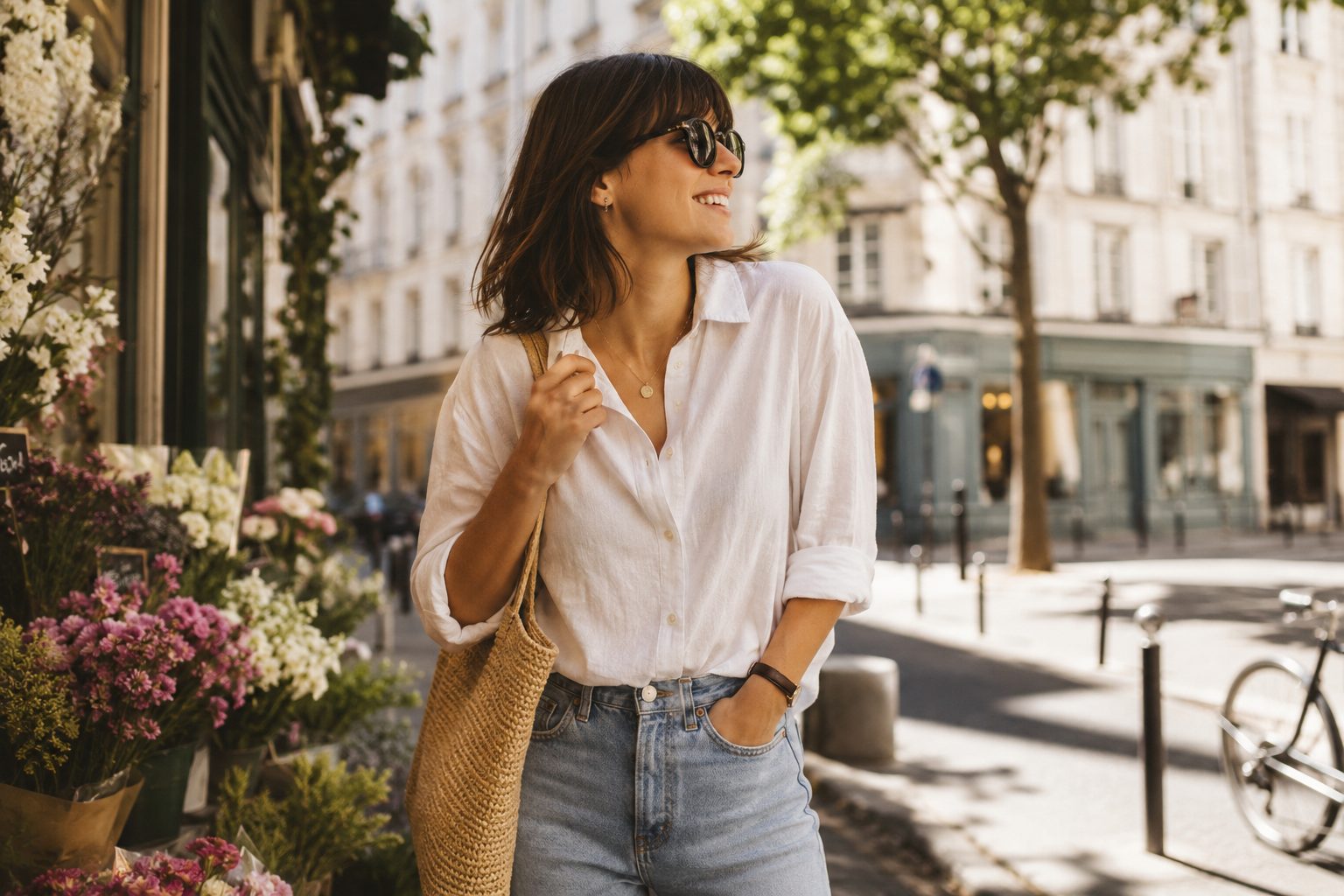 Woman smiling while walking through a sunny city street with a tote bag, representing intentional living, financial freedom, and enjoying everyday life without sacrificing what matters most.