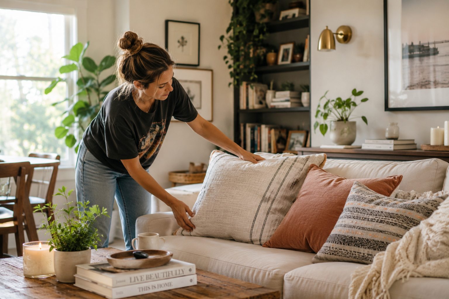 Woman arranging pillows in a warm, inviting living room, representing creating a home designed for everyday comfort, intentional living, and enjoying real life instead of decorating for appearances.