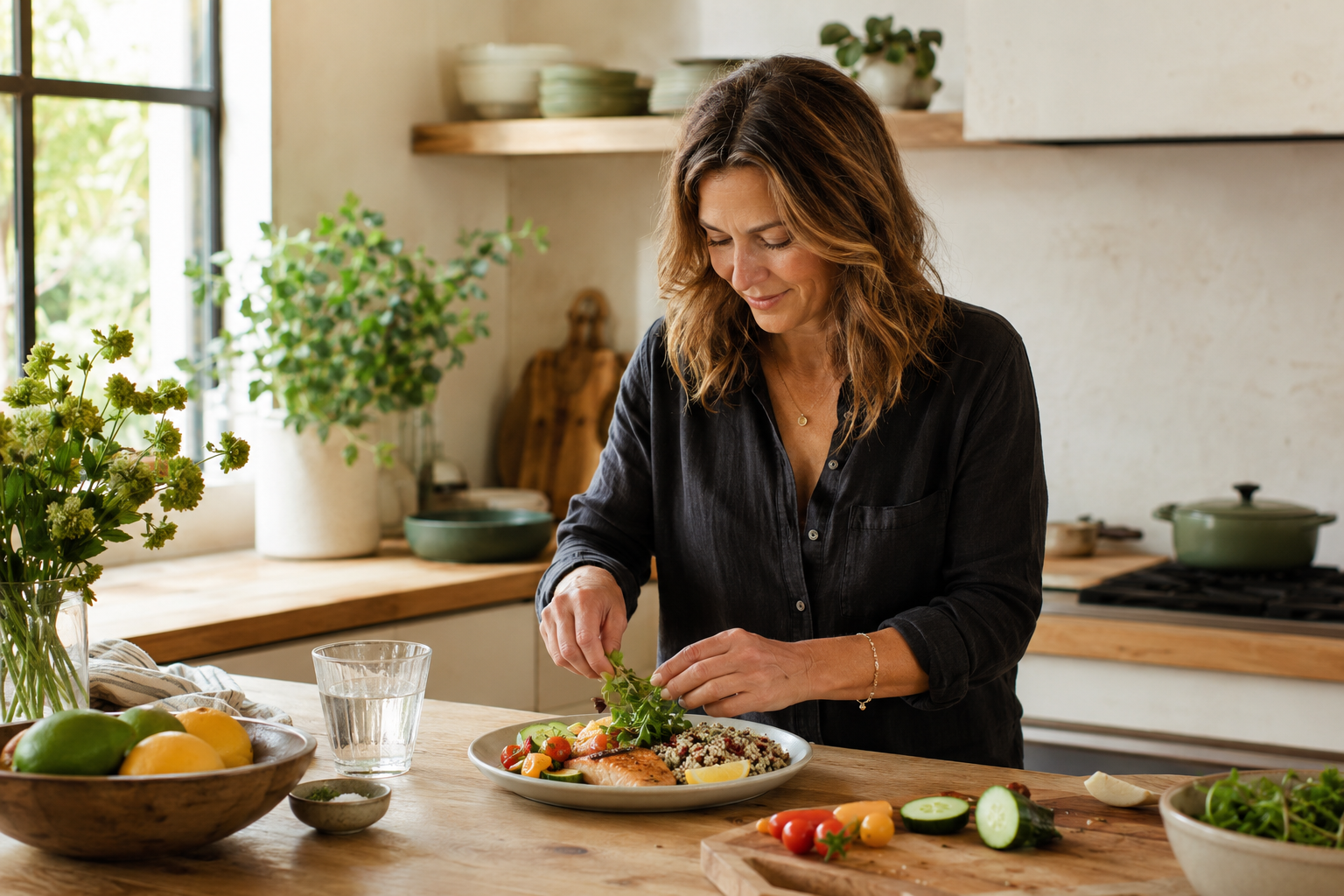 Woman preparing a simple, colorful lunch in a bright kitchen, reflecting a relaxed and balanced approach to healthy eating.