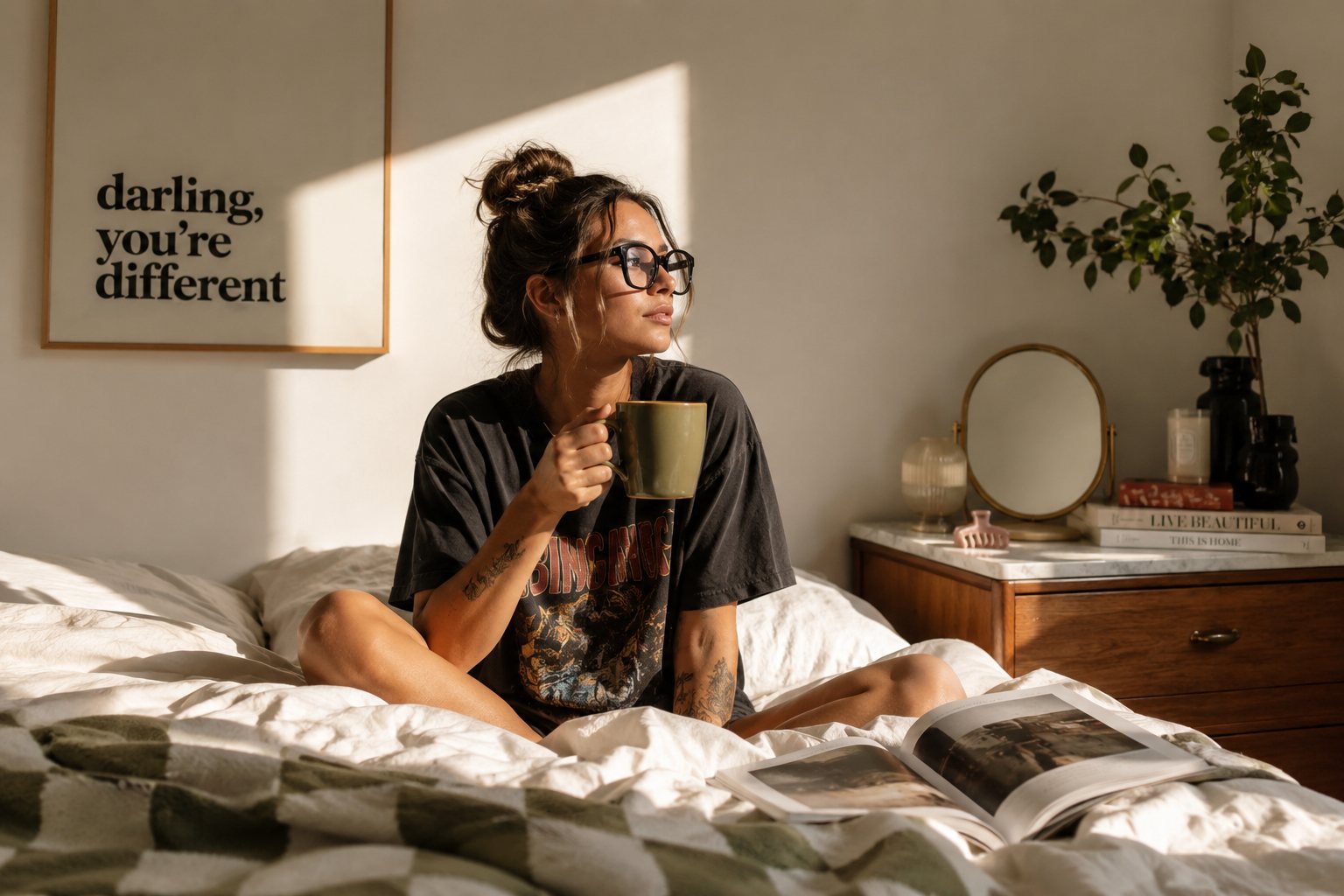 Woman enjoying a slow morning with coffee and natural light, representing a realistic approach to healthy habits and morning routines.