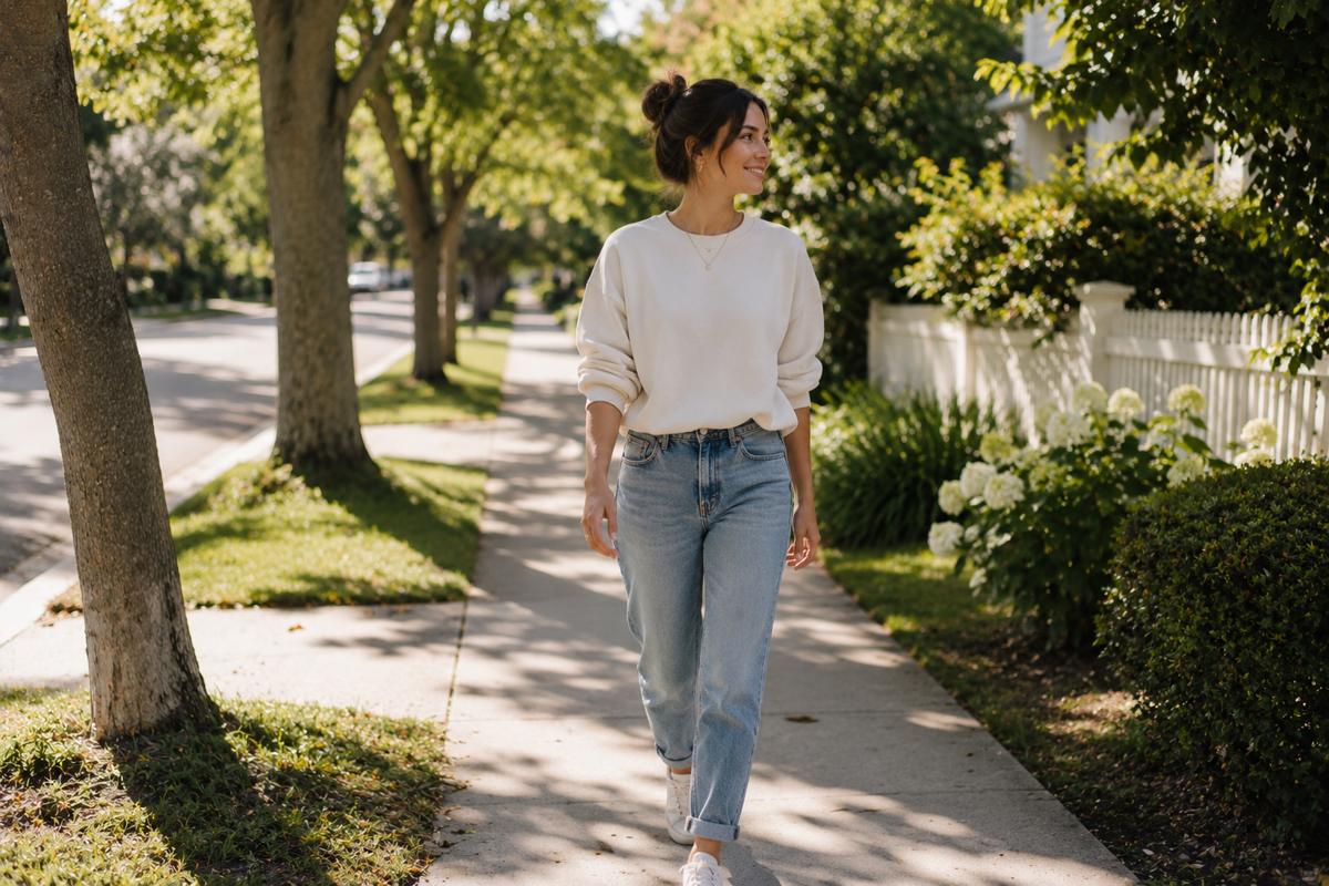 Casually dressed woman enjoying a peaceful walk through a sunny neighborhood, illustrating a simple wellness habit that supports mental well-being, stress reduction, and intentional living.
