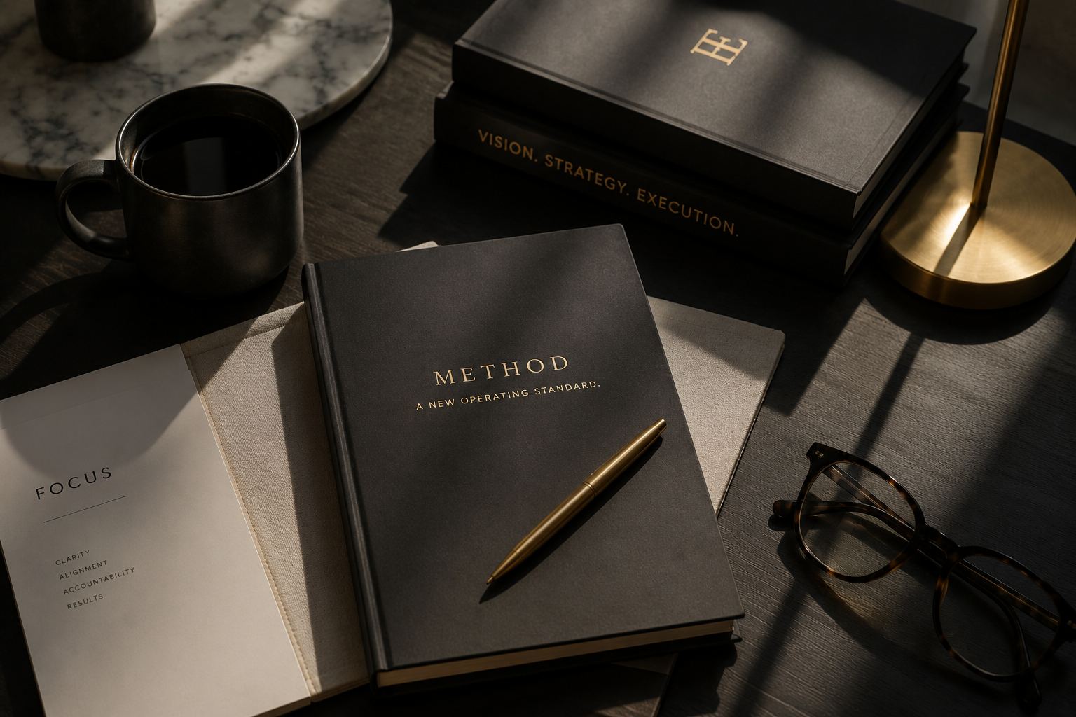 Luxury editorial workspace flat lay featuring black notebooks, a gold pen, coffee mug, eyeglasses, and minimalist planning materials on a dark desk representing elevated business standards and focused execution.