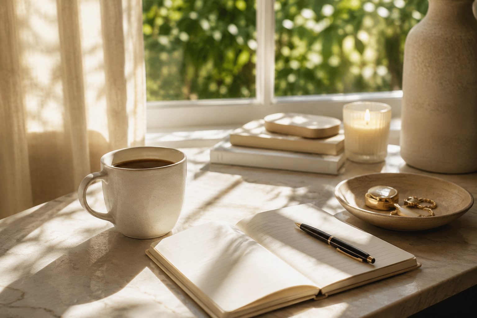 Sunlit coffee table with an open journal, coffee mug, candle, and books beside a bright window, creating a calm, inviting space that represents slowing down and making everyday life more intentional.