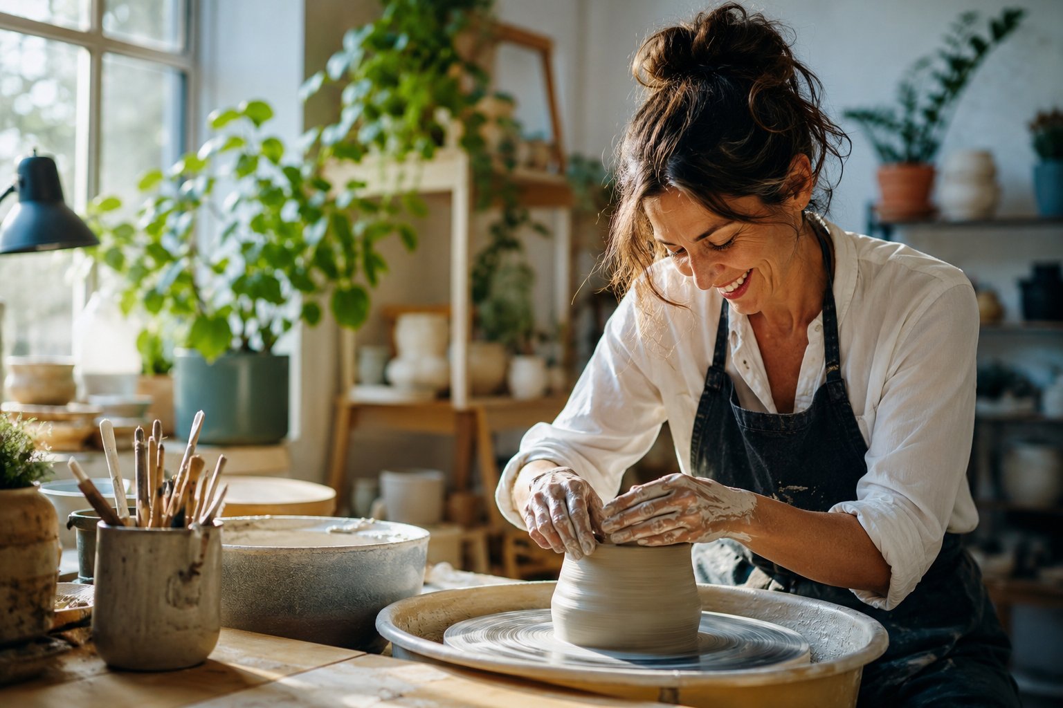 Woman smiling while creating pottery in a bright ceramics studio, representing rediscovering old hobbies, creativity, and finding joy in everyday life.