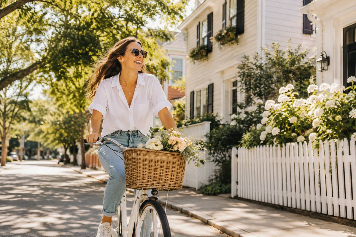 Woman riding a bicycle through a beautiful neighborhood, enjoying everyday life and finding balance beyond constant self-improvement.