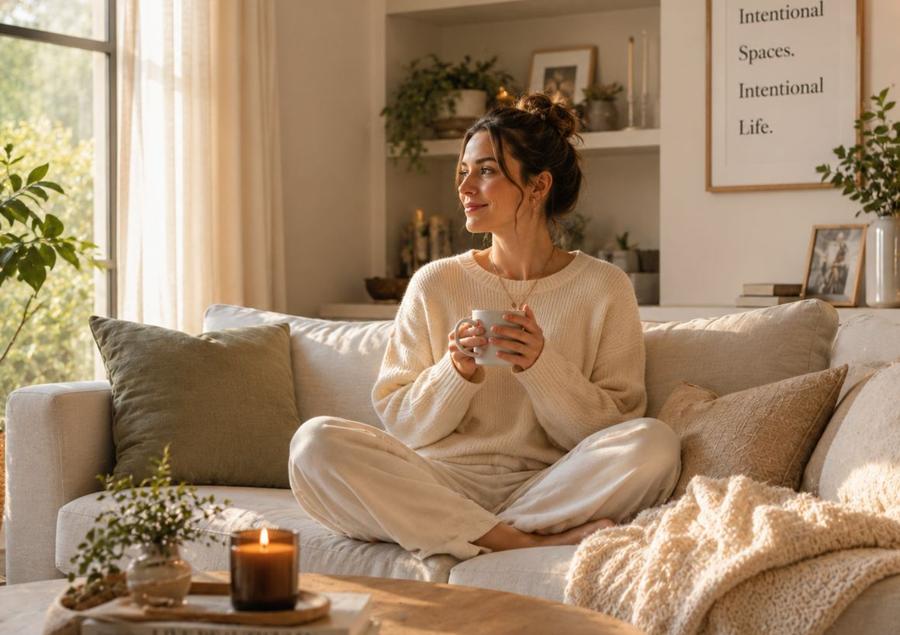 Woman relaxing in a cozy, thoughtfully designed living room, representing intentional living, comfortable spaces, home organization, and creating an environment that supports everyday well-being.