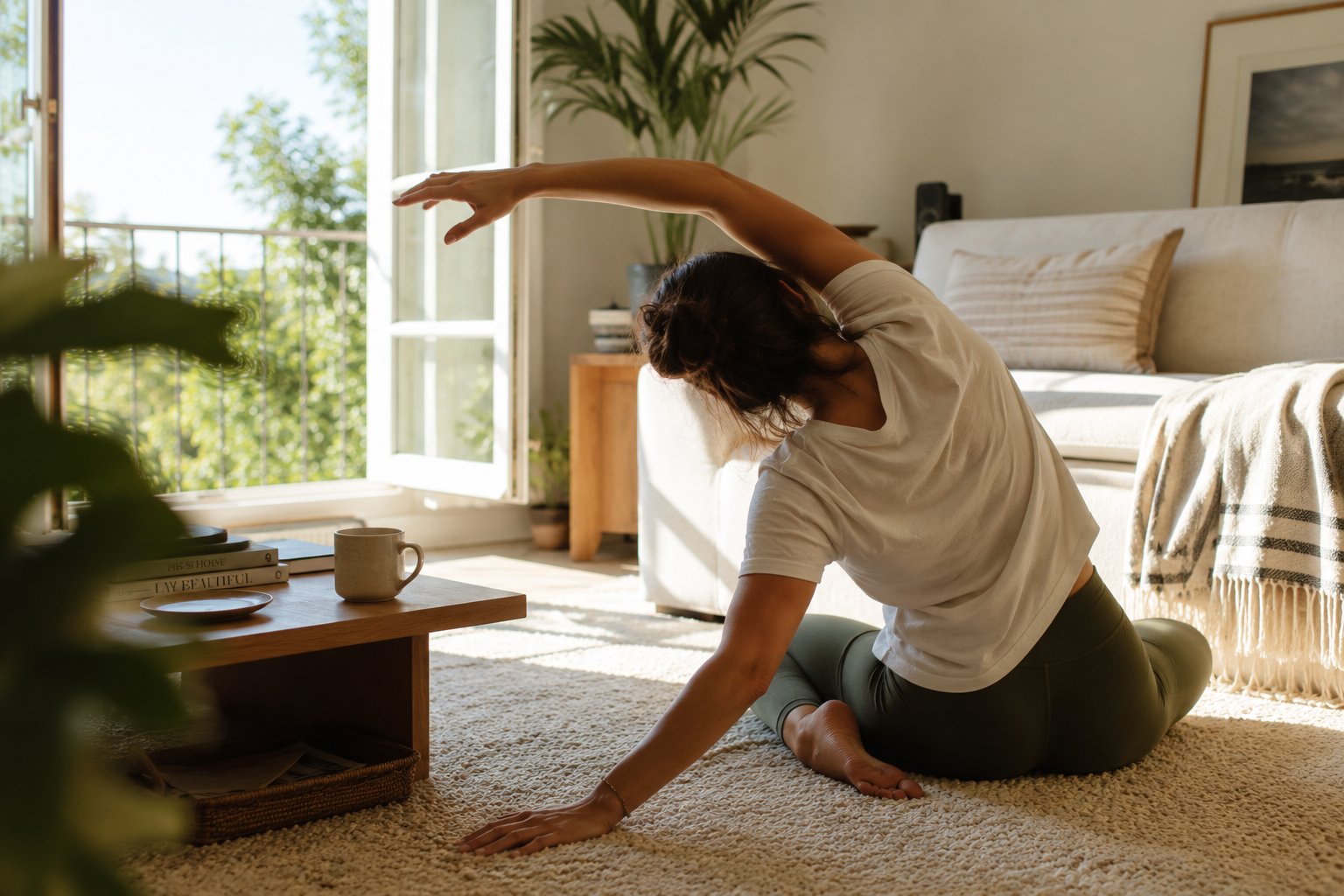 Woman gently stretching on a living room rug beside open windows filled with fresh air and natural light, representing simple everyday wellness, slowing down, and creating a healthier life without overwhelm.