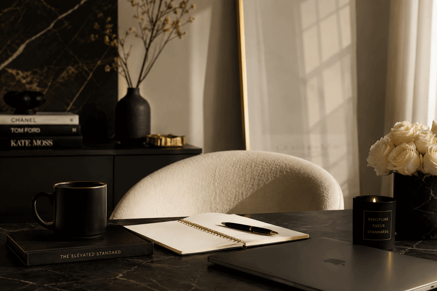 Luxury editorial workspace for The Elevated Standard featuring a black marble desk, notebook, coffee mug, candle, and elevated CEO office aesthetic representing consistent income and operational standards for women coaches.