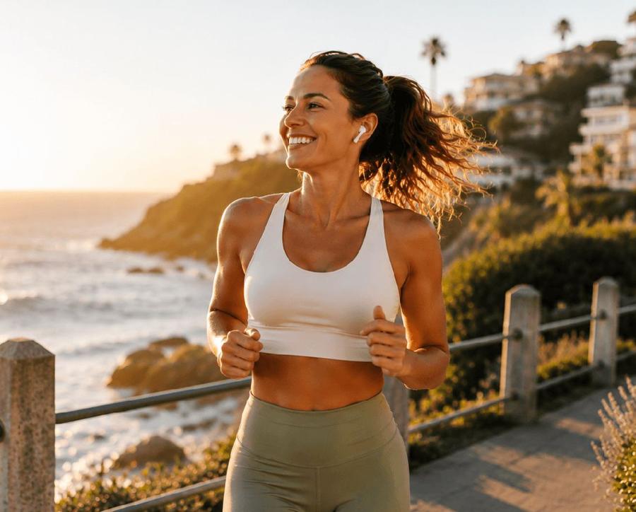 Woman jogging along a scenic waterfront path at sunrise, representing fitness, wellness, energy, healthy habits, and feeling good in everyday life.