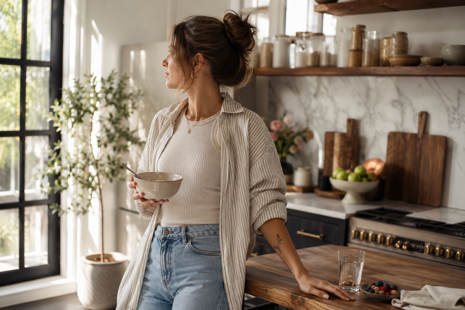 Woman standing in a bright, modern kitchen holding a bowl of breakfast while looking out the window, representing mindful eating, trusting your body, and building a healthier relationship with food and wellness.